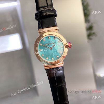 High Quality Replica BVLGARI DIVAS’ DREAM Gold Stainless Steel Strap Teal Mother-of-Pearl Face Dial Gold Stainless Steel Case Watch 28mm
